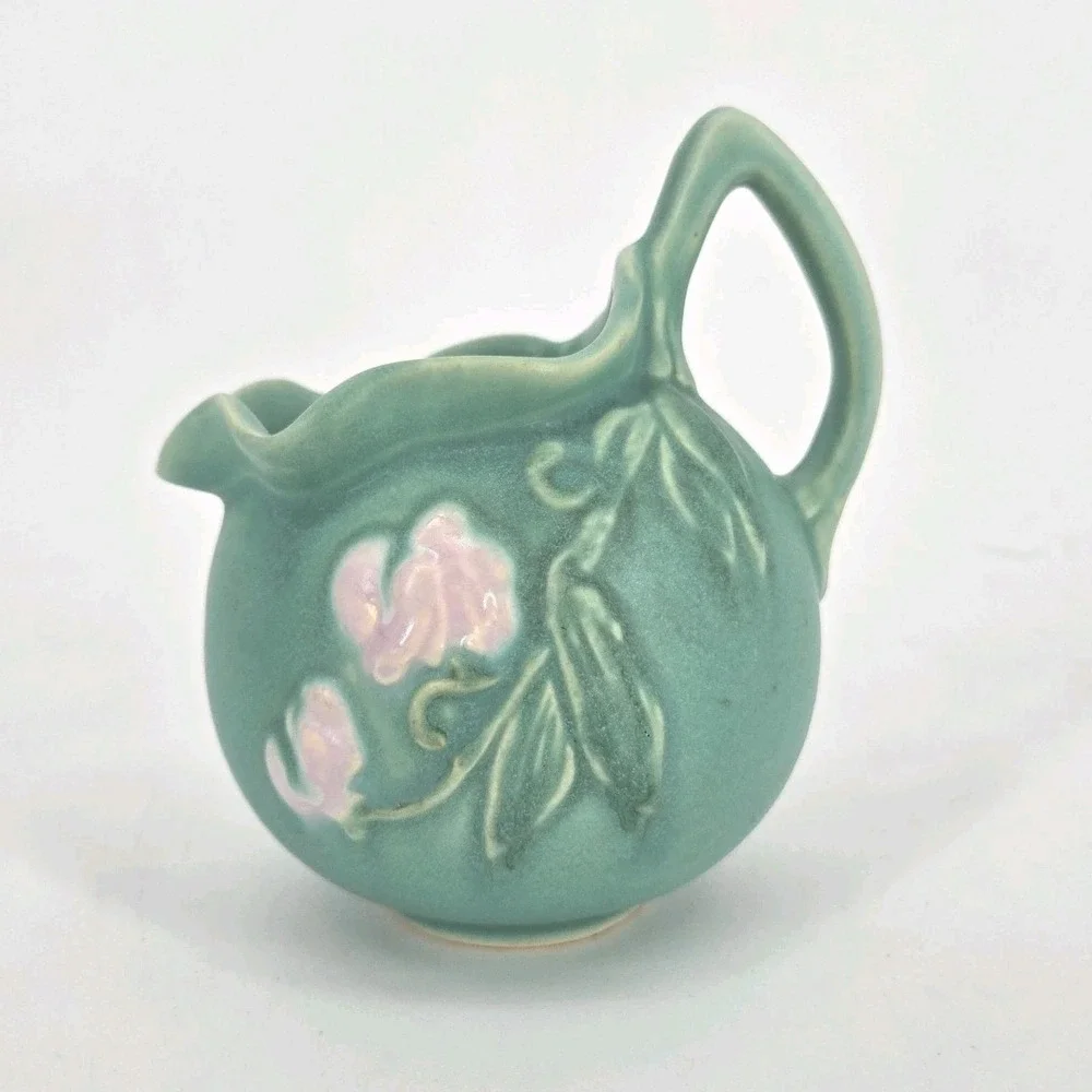 Vintage Weller Bouquet F-20 Turquoise Ball Pitcher Pink Floral Art Pottery 1930s